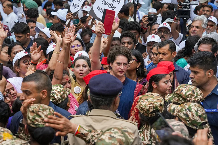 New Delhi: Congress MP Priyanka Gandhi Vadra, TMC MP Sagarika Ghose with others during a protest march by INDIA bloc MPs from Makar Dwar of Parliament to the Election Commission of India office over the 'poll fraud' issue, in New Delhi, Monday, Aug. 11, 2025. - (PTI Photo/Karma Bhutia)