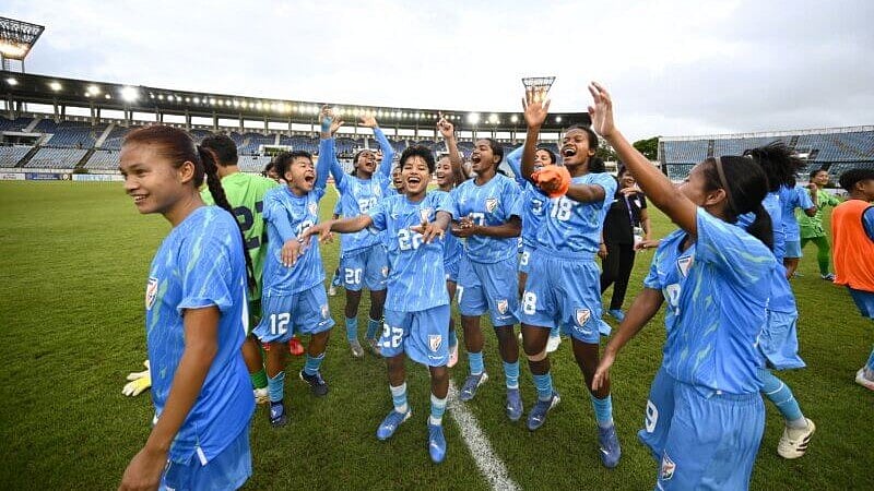 AIFF : India celebrate their win over Myanmar in the group D match of the AFC U20 Women's Asian Cup Qualifiers in Yangon, Myanmar.