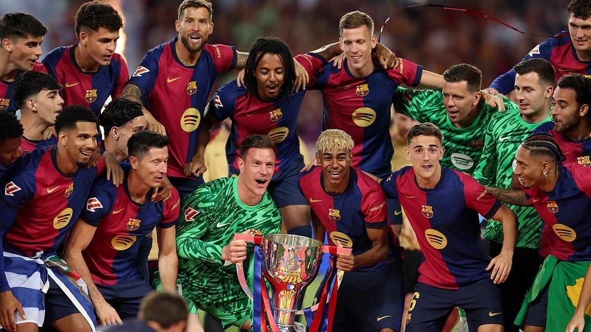File : File photo of FC Barcelona celebrating the La Liga 2024-25 title.