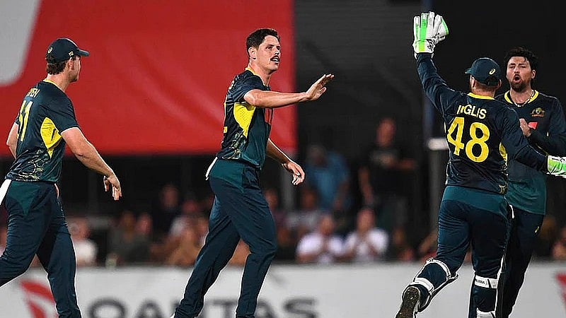 Jono Searle/AAPImage via AP : Australia Vs South Africa Live Streaming, 2nd T20I: Ben Dwarshuis, centre, celebrates after taking the wicket of Dewald Brevis in the opener