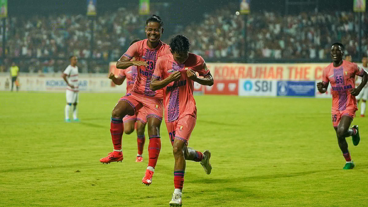 | Photo: Durand Cup : Bodoland FC vs ITBP FT, Durand Cup 2025: Timothi Narzary celebrates with his teammates after scoring in the Group D fixture.