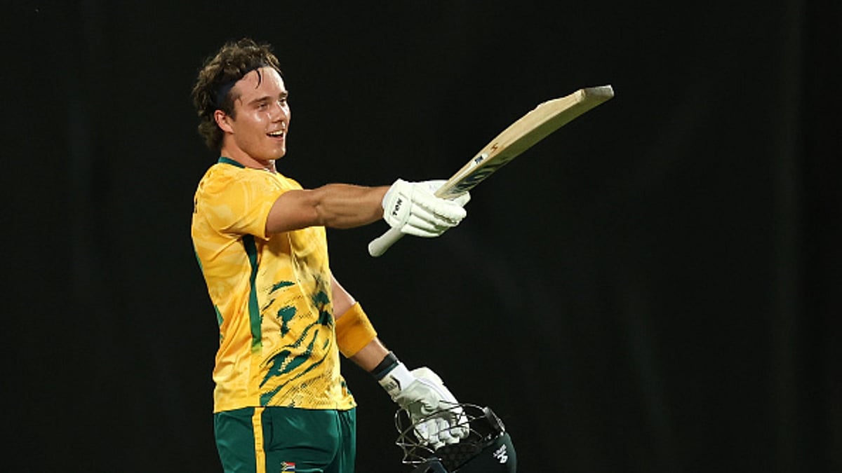 Australia vs South Africa 2nd T20I: Dewald Brevis celebrates after completing his century.