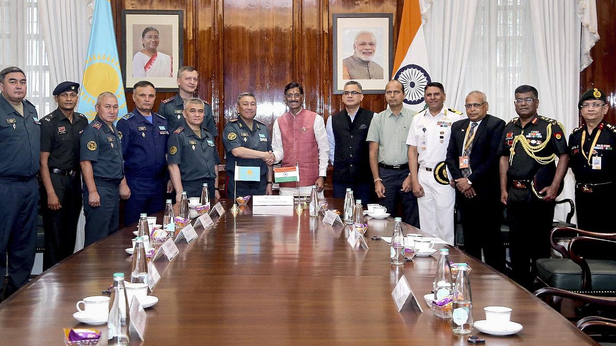 PTI  : First Deputy Minister of Defence, Chief of the General Staff of the Armed Forces of the Republic of Kazakhstan, Lieutenant General Sultan Kamaletdinov calls on the Minister of State for Defence, Sanjay Seth, in New Delhi