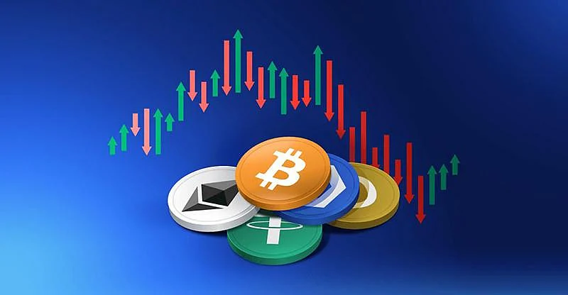 Cryptocurrency coins with arrows