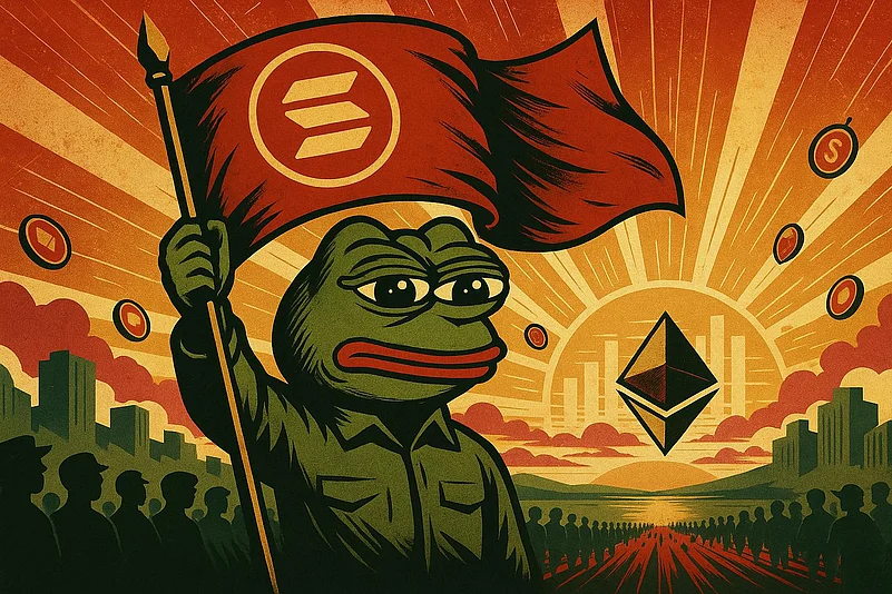 Pepe with Solana flag and Ethereum logo