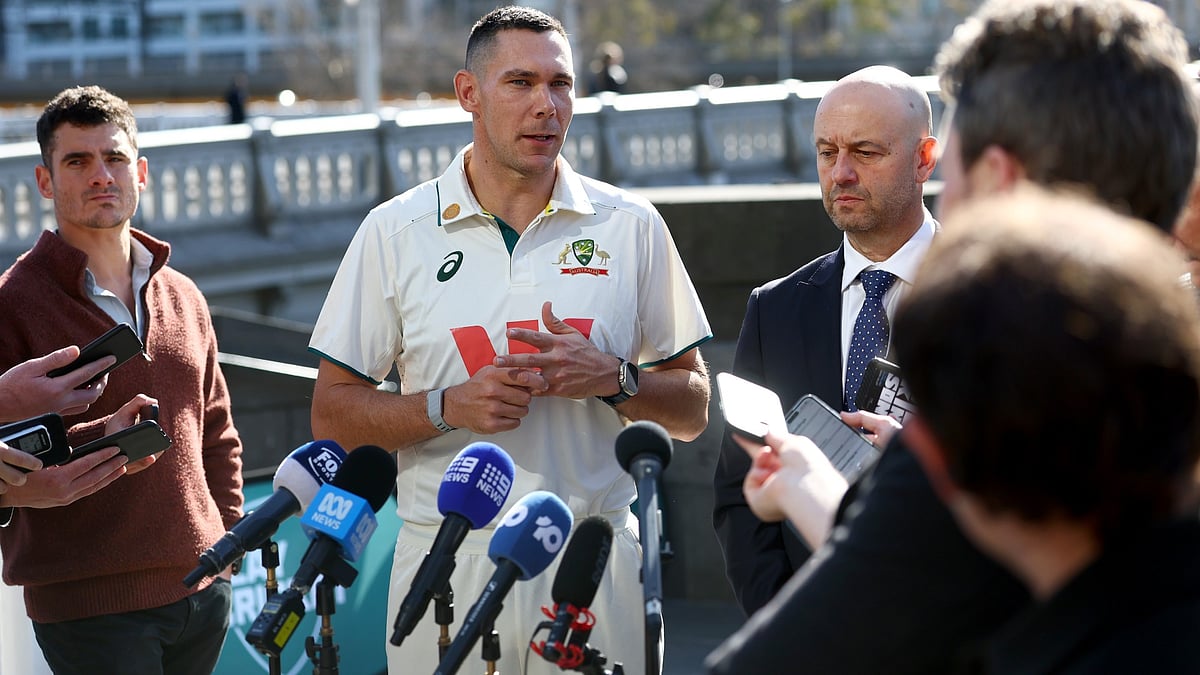 Australia's Scott Boland speaking to reporters.