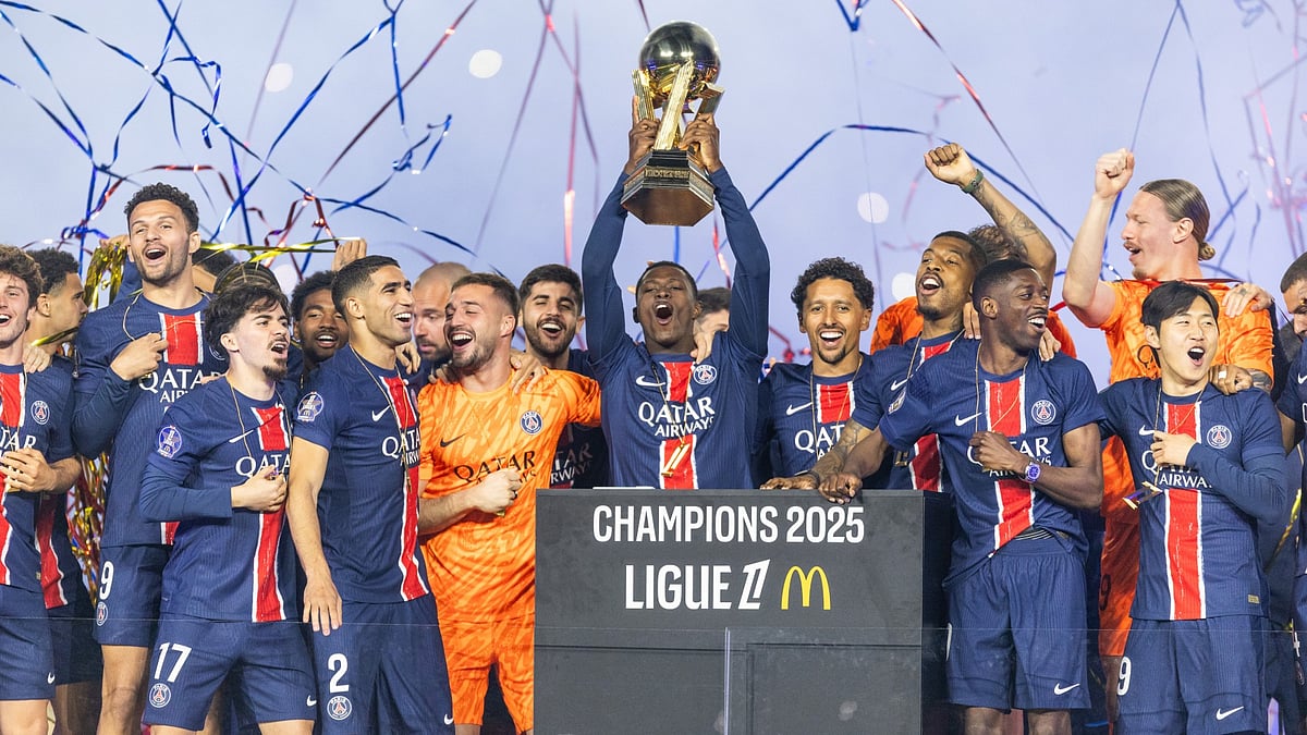 File : File photo of Paris Saint-Germain lifting the French Ligue 1 2024-25 title.