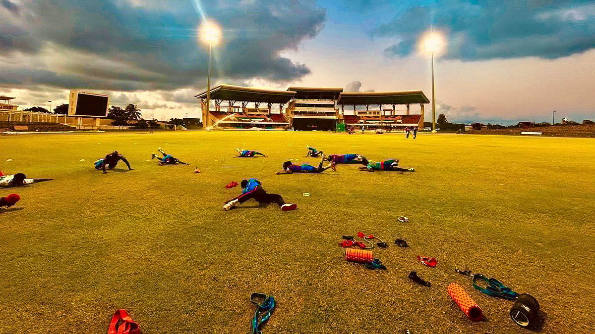 | Photo: X/AntiguaFalcons : SKN Patriots vs Antigua & Barbuda Falcons, CPL 2025: AB Falcons players train at the Sir Vivian Richards Stadium ahead of the first match.
