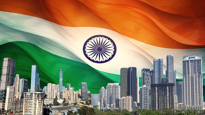 Indian tricolor flag in the background with skyline in front