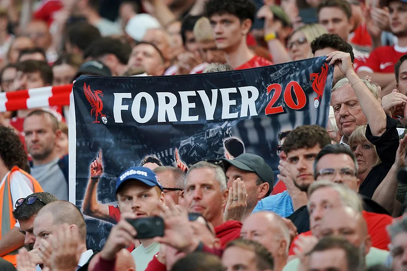 A banner depicting the late Liverpool player Diogo Jota