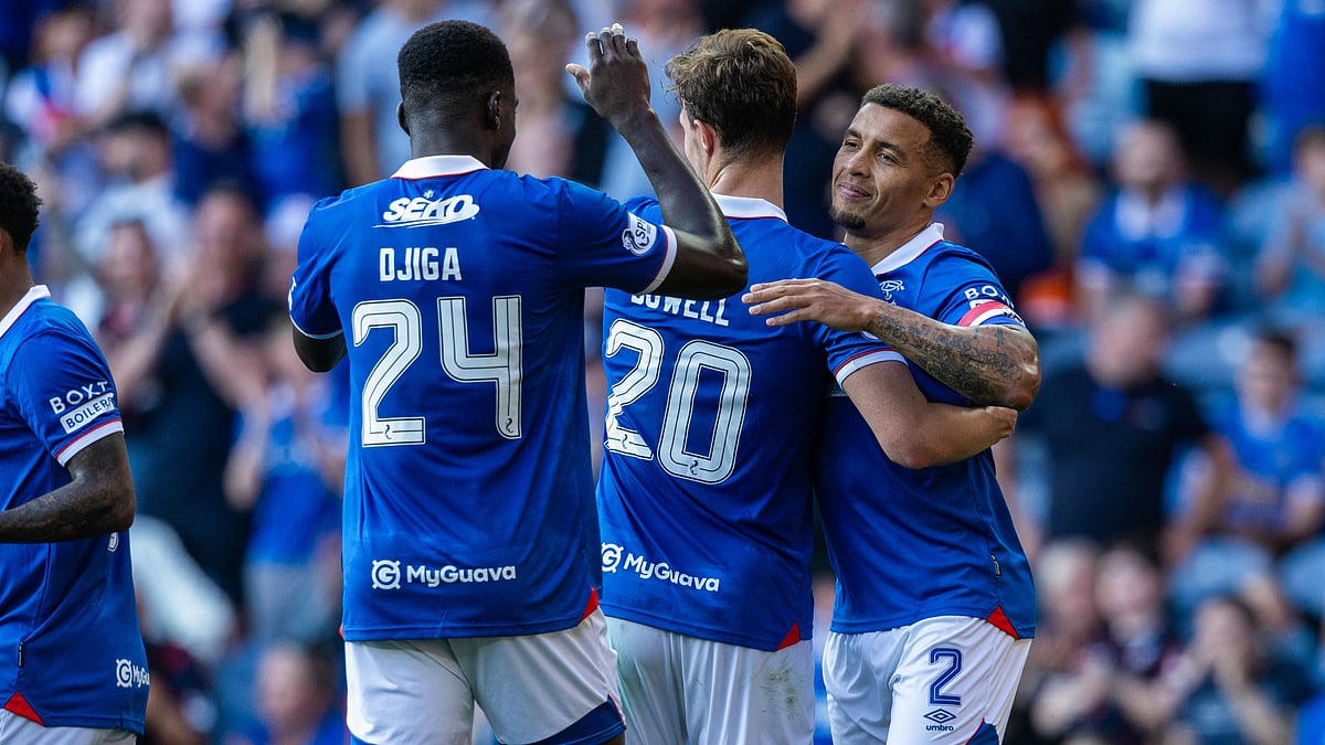 Rangers player celebrate after scoring against Alloa Athletic in the Scottish League Cup.