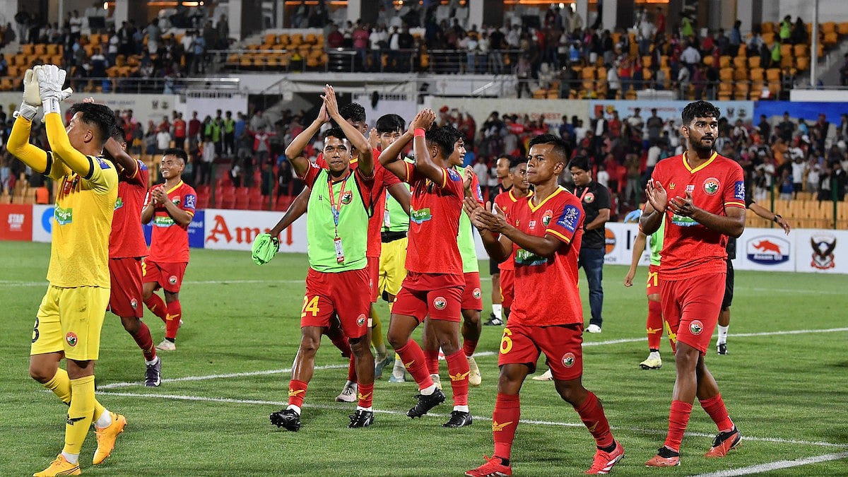 Durand Cup : Shillong Lajong players celebrate after their victory over Indian Navy in the Durand Cup quarter-finals in Shillong.