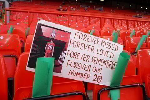 A banner depicting the late Liverpool player Diogo Jota