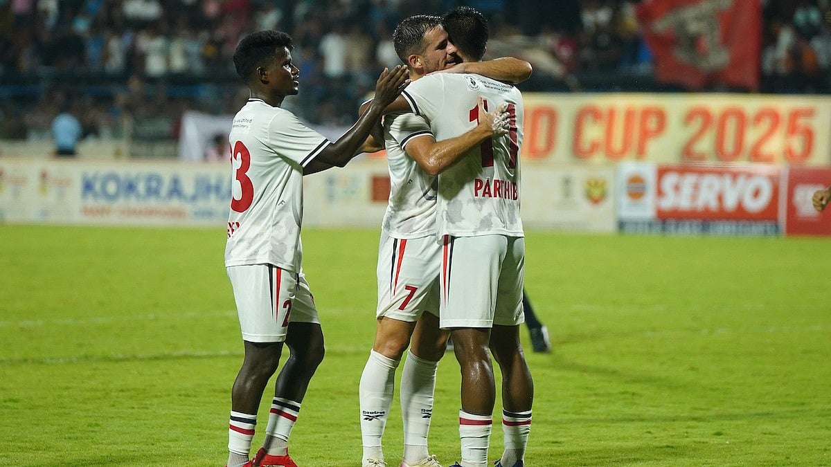 Durand Cup : NorthEast United FC celebrate a goal against Bodoland FC in the Durand Cup quarter-final in Kokrajhar.