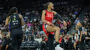A'ja Wilson #22 of the Las Vegas Aces reacts after scoring a basket and drawing a foul against the Dallas Wings in the first period of their game at Michelob ULTRA Arena on August 17, 2025 in Las Vegas, Nevada.