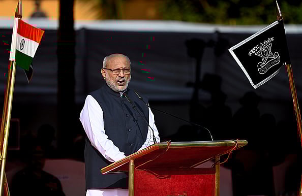 Raju Shinde/Hindustan Times via Getty Images : Maharashtra Governor CP Radhakrishnan at the ceremonial parade celebrating 66th Maharashtra Day at Shivaji Park, Dadar, on May 1, 2025 in Mumbai. 
