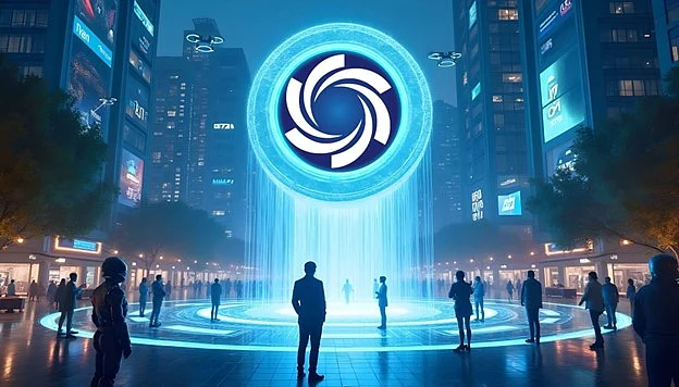 Ozak AI Coin logo hologram surrounded by people