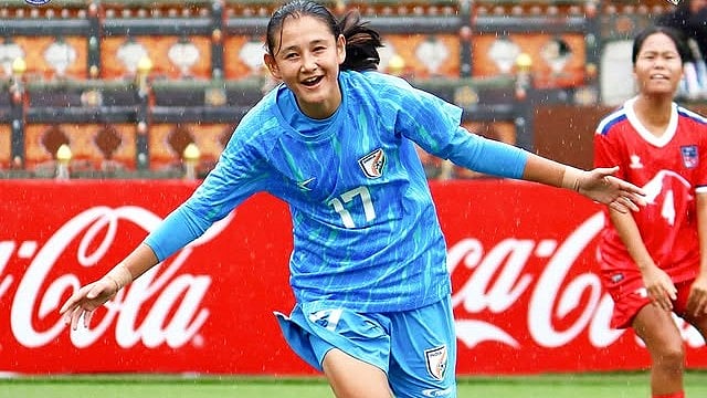 | Photo: X/IndianFootball : India vs Nepal, SAFF U17 Women's Championship 2025: India U17 Women's Abhista Basnett celebrates after scoring againts Nepal.