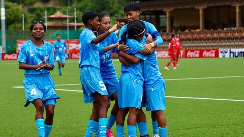 India celebrate a goal against Nepal in their SAFF U17 Women’s Championship encounter. - AIFF Media
