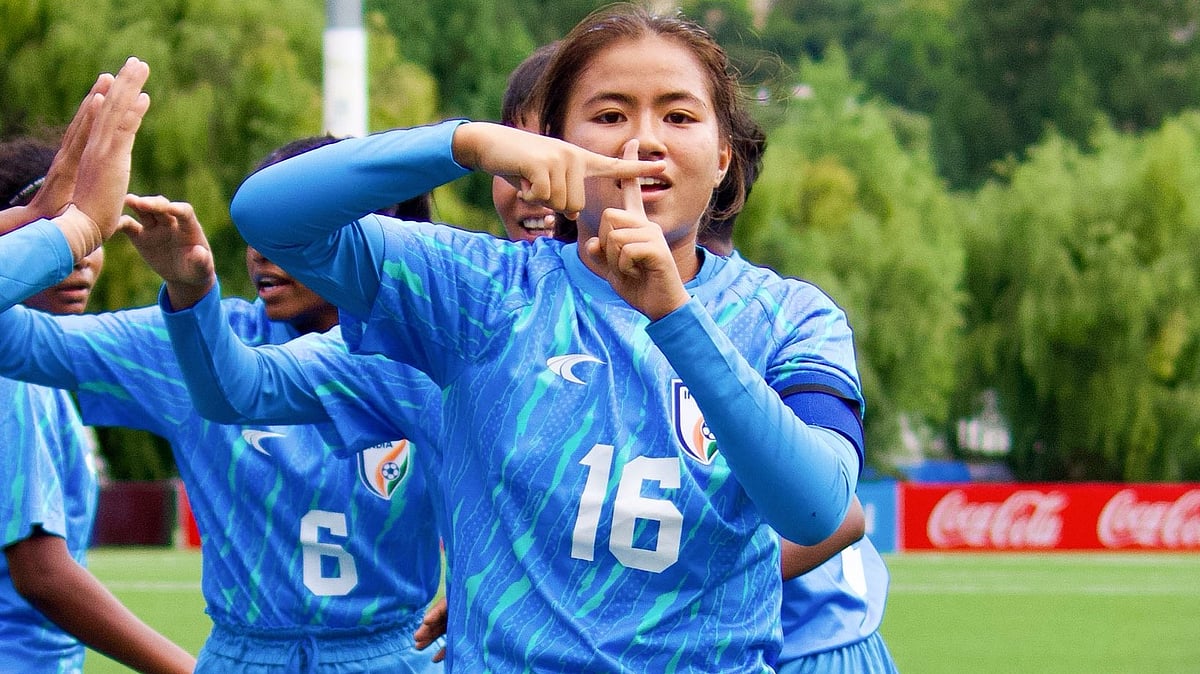 | Photo: X/IndianFootball : India vs Bangladesh, SAFF U17 Women's Championship 2025: Bonifilia Shullai celebrates after scoring her goal.
