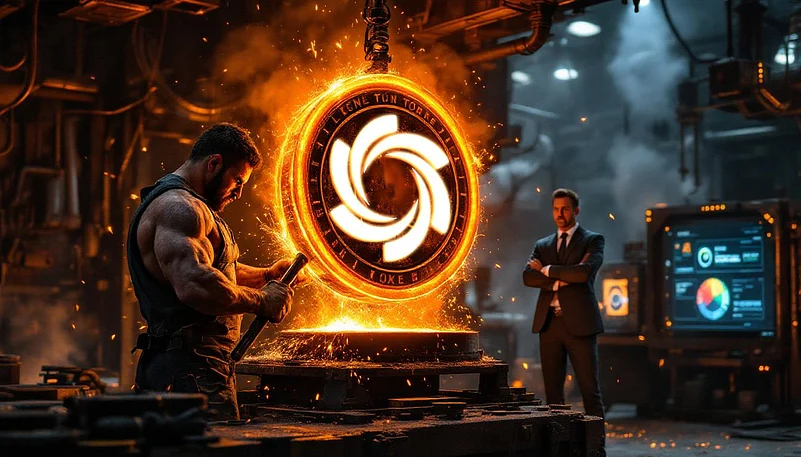 Man forging glowing crypto coin
