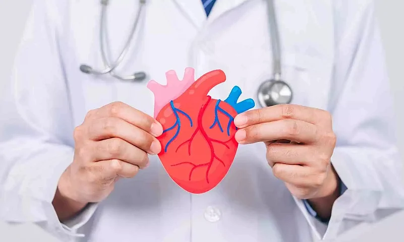 Doctor in white coat holding a cartoon heart model, stethoscope visible, symbolizing heart health