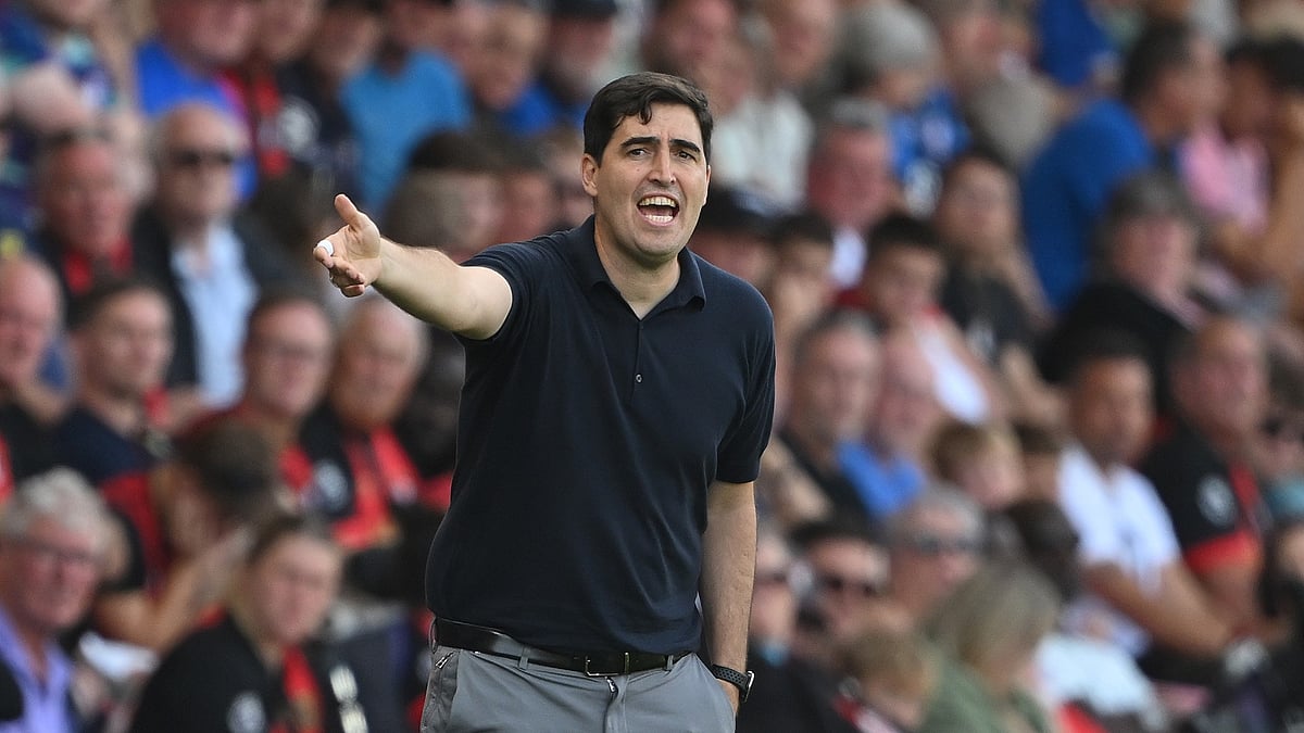 Andoni Iraola gestures during AFC Bournemouth's win over Wolves.