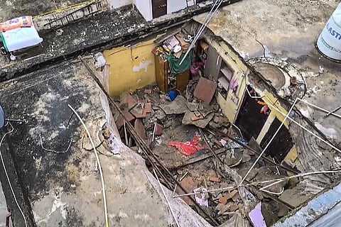 A portion of a roof collapse in Delhi