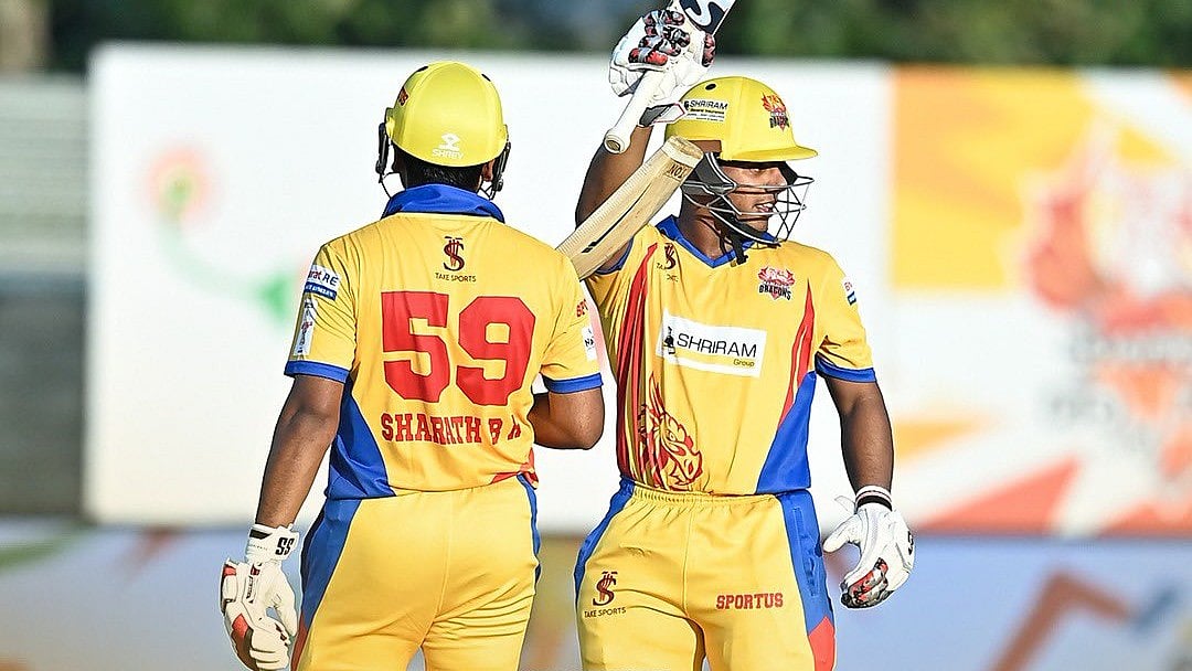 | Photo: X/maharaja_t20 : Sharath BR and Lochan Gowda in action for Mangalore Dragons in the Maharaja Trophy KSCA T20 2025.