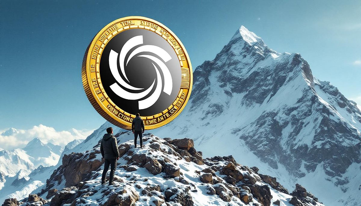 People on snowy mountain with giant crypto coin