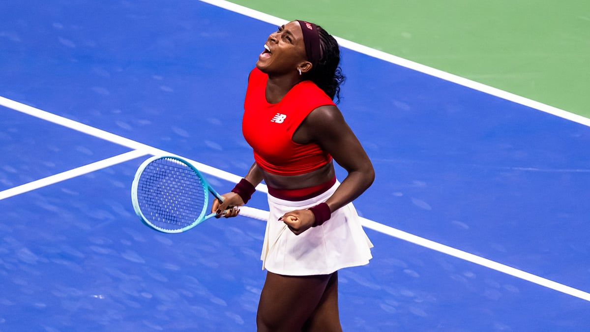 Coco Gauff celebrates after her win over Ajla Tomljanovic at the US Open 2025.