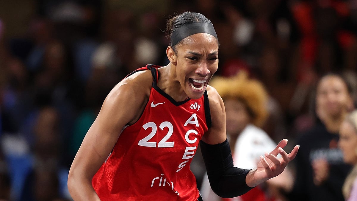 A'ja Wilson celebrates against the Dream