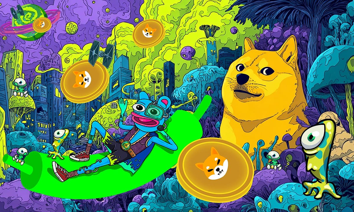 Cartoon artwork of Dogecoin dog, Shiba Inu coins and allies in a futuristic city