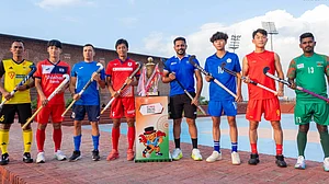 | Photo: X/TheHockeyIndia : Hockey captains pose ahead of the Asia Cup 2025 in Rajgir.