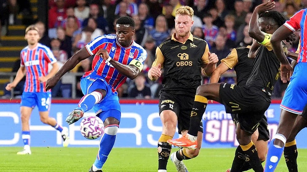 | Photo: John Walton/PA via AP : UEFA Conference League Playoff 1st Leg: Crystal Palace in action against Fredrikstad