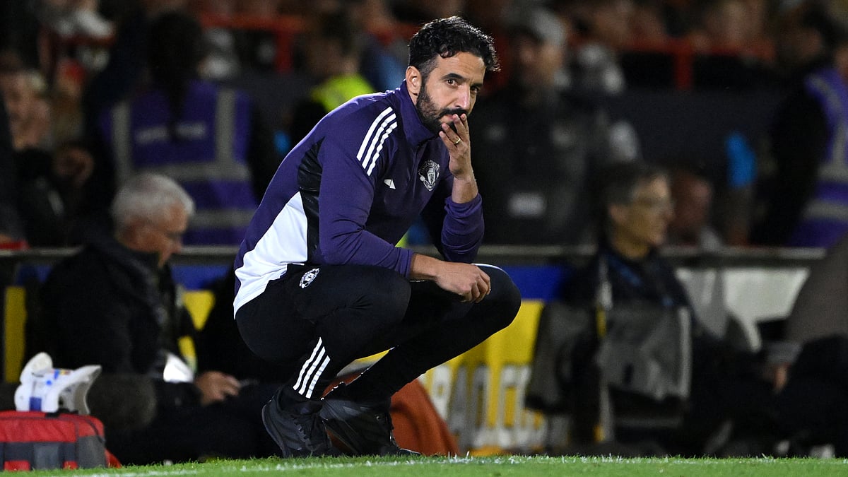 Ruben Amorim looks on during Manchester United's loss to Grimsby Town