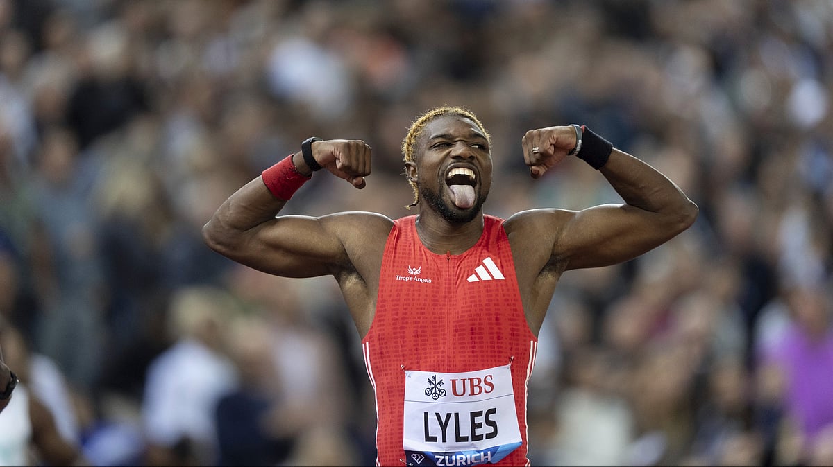 | Photo: AP via Til Buergy/Keystone : Noah Lyles, of United States, celebrates winning the men's 200-meter race at the World Athletics Diamond League final 2025 athletics meeting in Zurich, Switzerland, Thursday, Aug. 28, 2025.