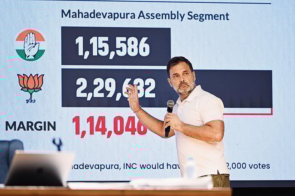 Number Crunching: Rahul Gandhi explaining the “vote theft” situation at a press conference  - | Photo: Getty Images