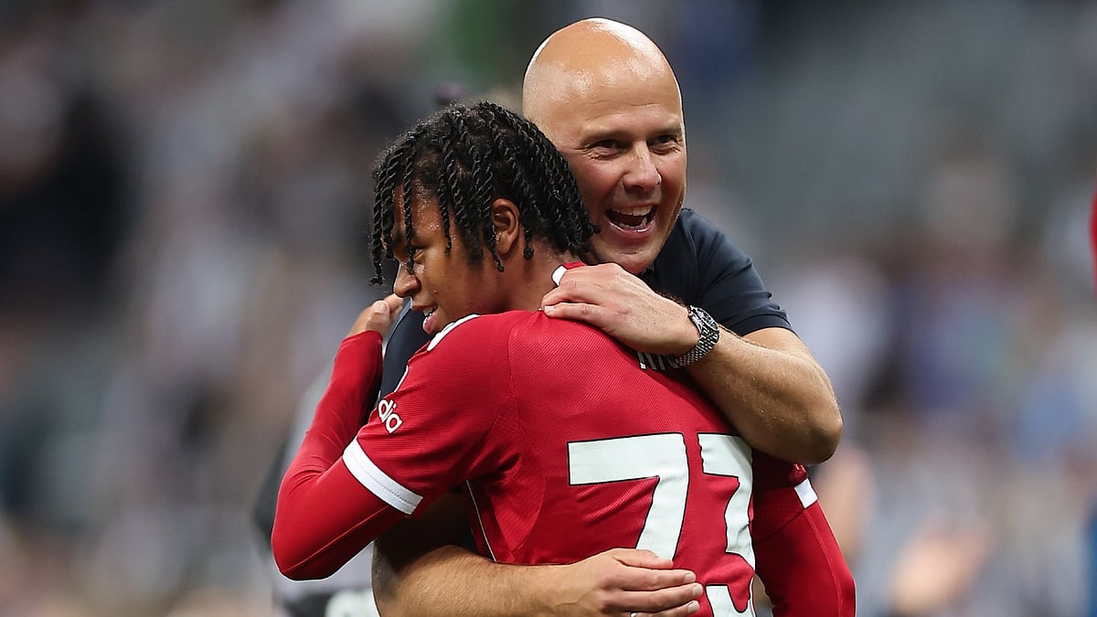 Rio Ngumoha and Arne Slot following Liverpool's win over Newcastle United.