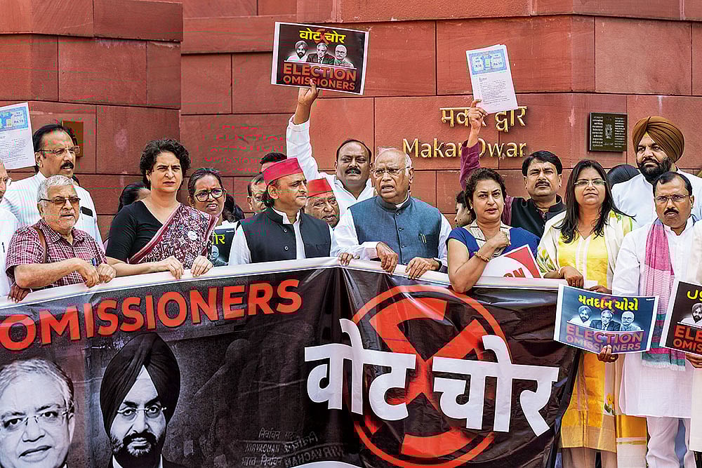 MPs from the INDIA bloc participate in a protest against the EC’s SIR of electoral rolls in Bihar 