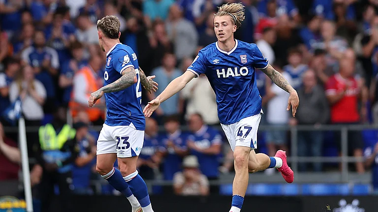 Harry Clark celebrates after scoring for Ipswich Town against Derby County. - null