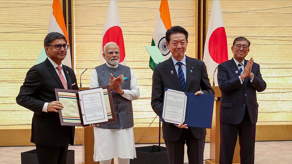 PTI  : PM Narendra Modi with Japanese PM Shigeru Ishiba during MoU exchange at a joint press conference, 29 Aug 2025.