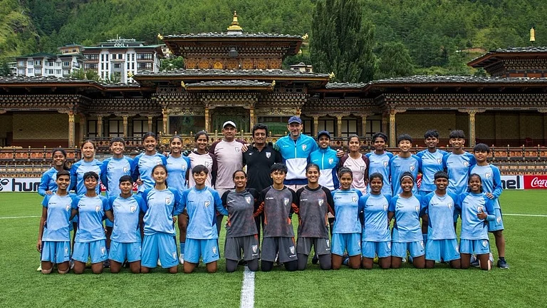 The India U17 women's national football team poses ahead of the SAFF U17 Women's Championship 2025 match against Bangladesh. - | Photo: X/IndianFootball