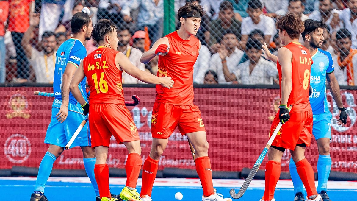 | Photo: X/asia_hockey : Chinese players celebrate after scoring a goal during the Asia Cup 2025 match against India.