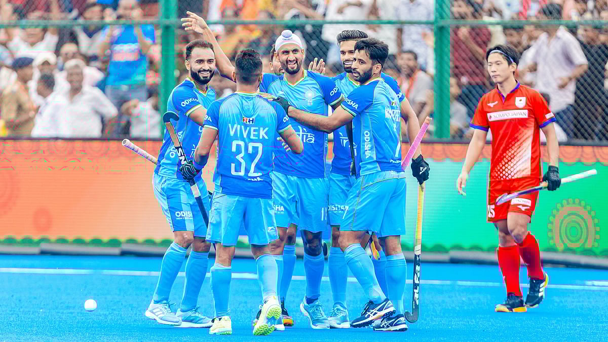 | Photo: X/asia_hockey : India national team players celebrate after scoring against Japan in the Hockey Asia Cup 2025.