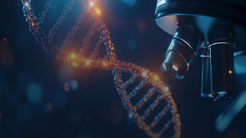 Double Helix DNA strand next to a telescope