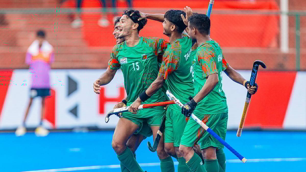 | Photo: X/asia_hockey : Bangladesh players celebrate after scoring against Chinese Taipei in the Hockey Asia Cup 2025.