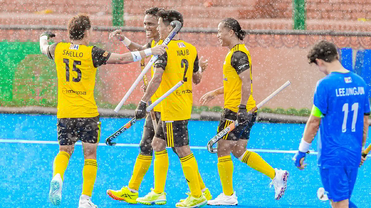 | Photo: X/asia_hockey : Malaysia national team players celebrate after scoring against Korea in the Hockey asia Cup 2025.