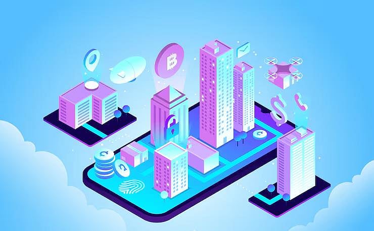 Asset tokenization with buildings and crypto icons