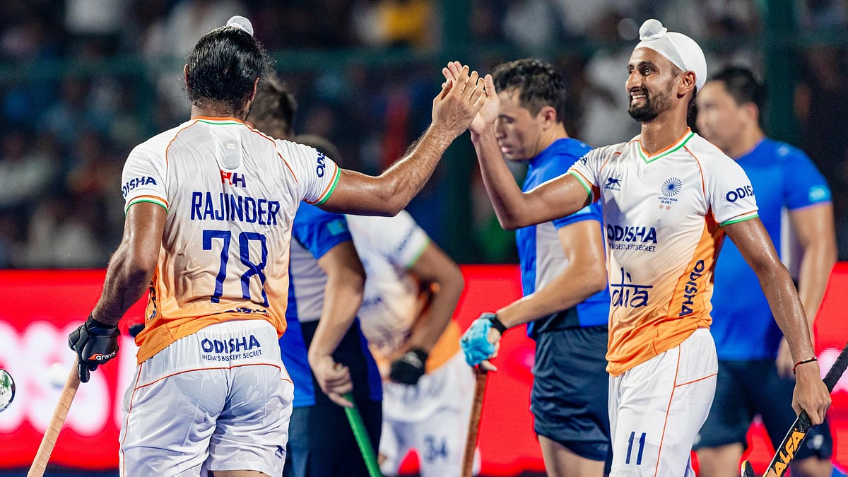 X/TheHockeyIndia : Indian players celebrate a goal in their Men's Asia Cup hockey 2025 tournament match